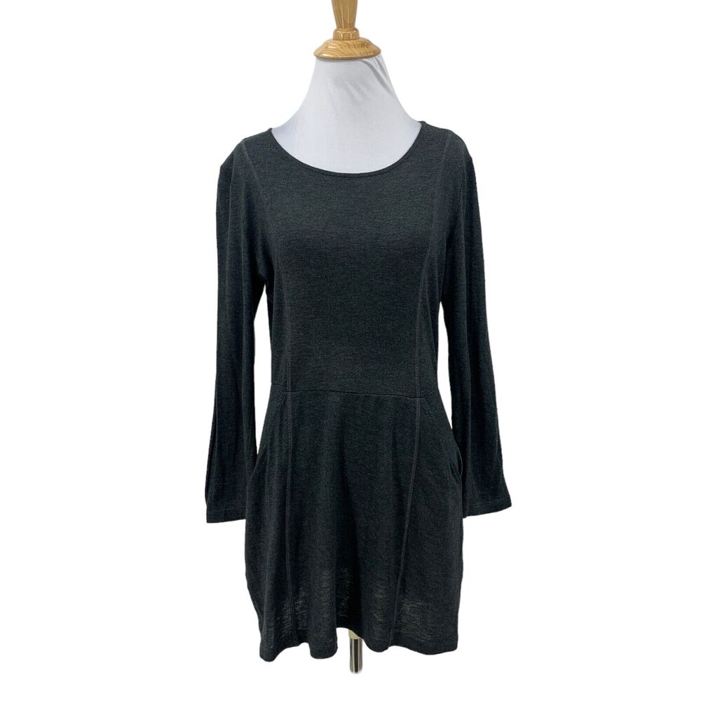 Babaton Silk Knit Tunic Top Womens M Grey Peplum Stretch Pockets Scoop Neck